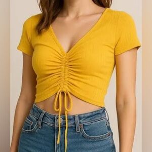 Yellow/Mustard Color Ruched Front V-Neck Crop Short Sleeve- Medium